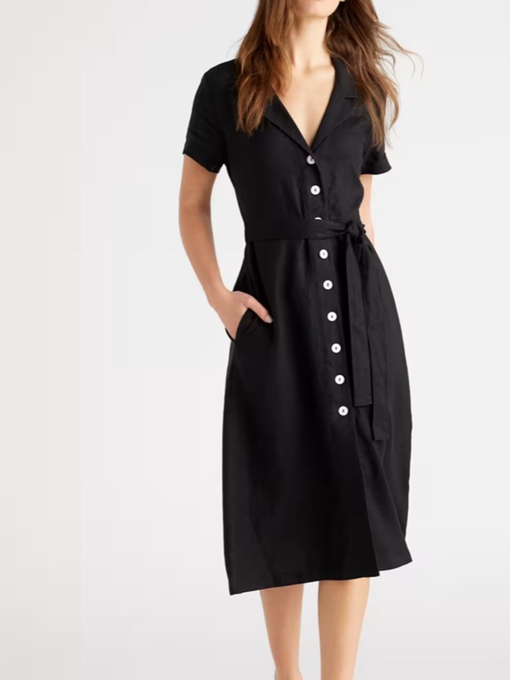 Quince Black Linen Button-Front Midi Dress with Self-Tie Waist